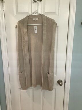 LOFT Beige Open-Front Sleeveless Knit Cardigan
